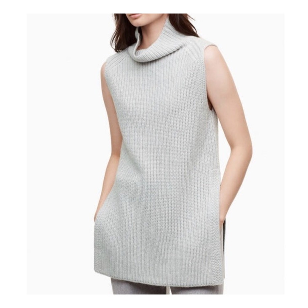 Wilfred Womens M 100% Wool Long Sweater Vest Gray Cowl Neck Tunic Italian Yarn